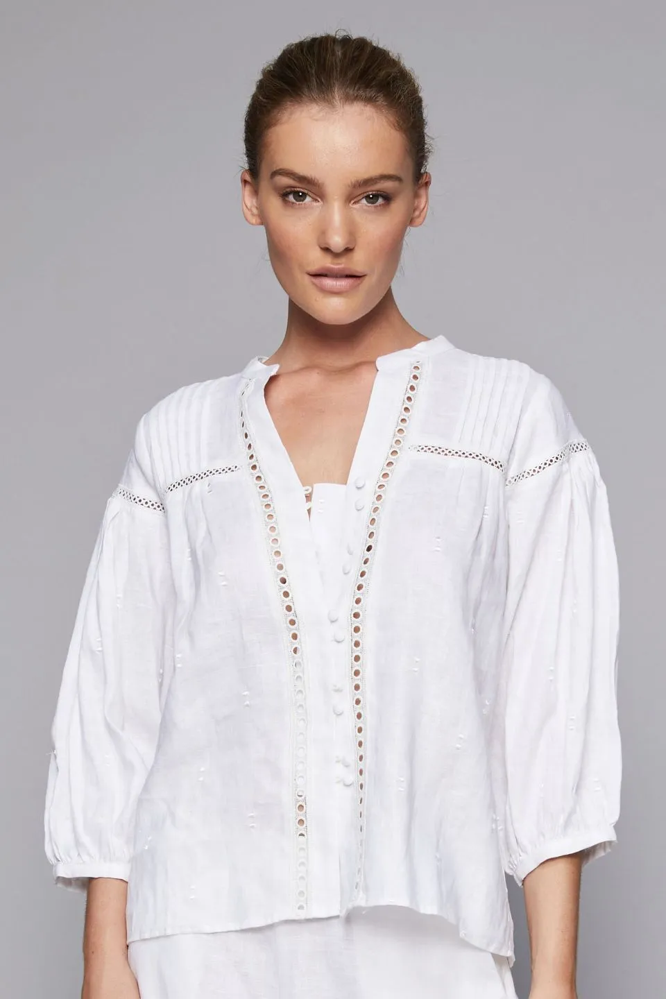 Premiere Crop Sleeve Lace Porcelain Blouse