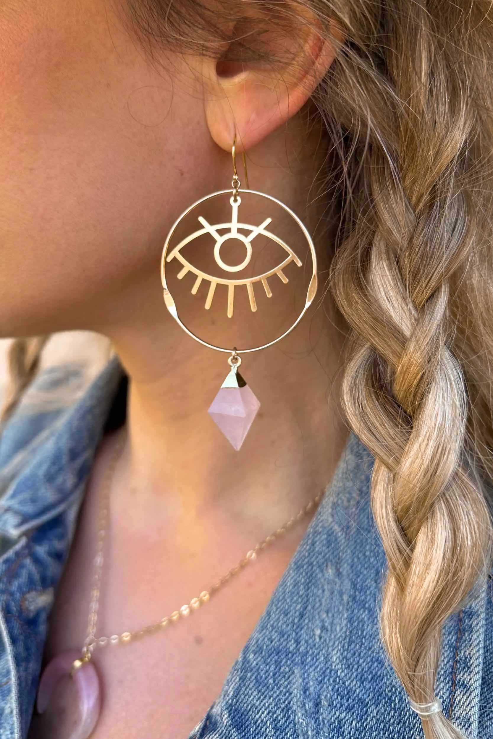 Self Love & Protection Rose Quartz Evil Eye Gold Hoops