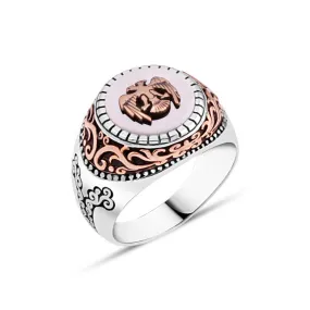 Seljuk Eagle on White Small Circle Mother of Pearl Stone Silver Men's Ring with Wavy Top Pattern