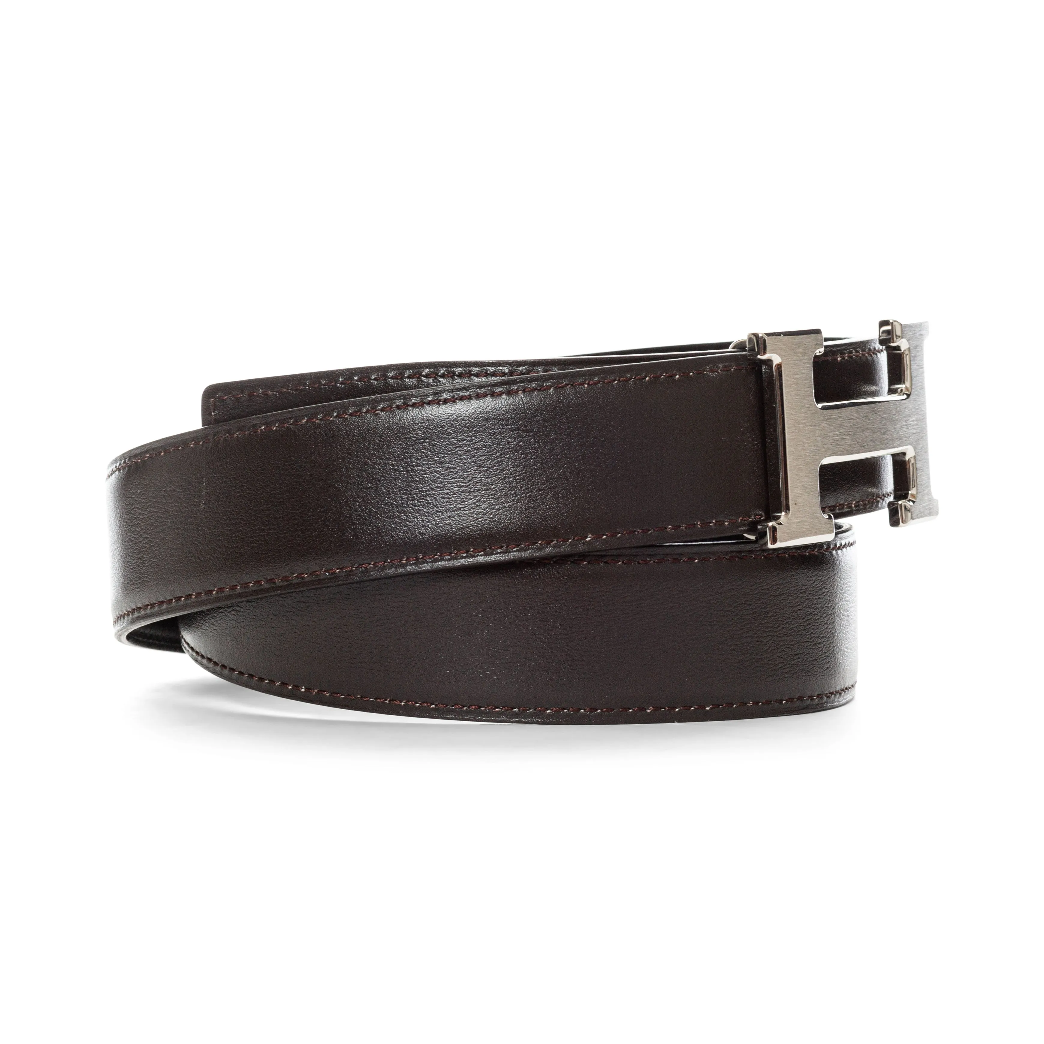 Silver-Tone H Belt Buckle and Reversible Black and Brown Leather Strap 85cm