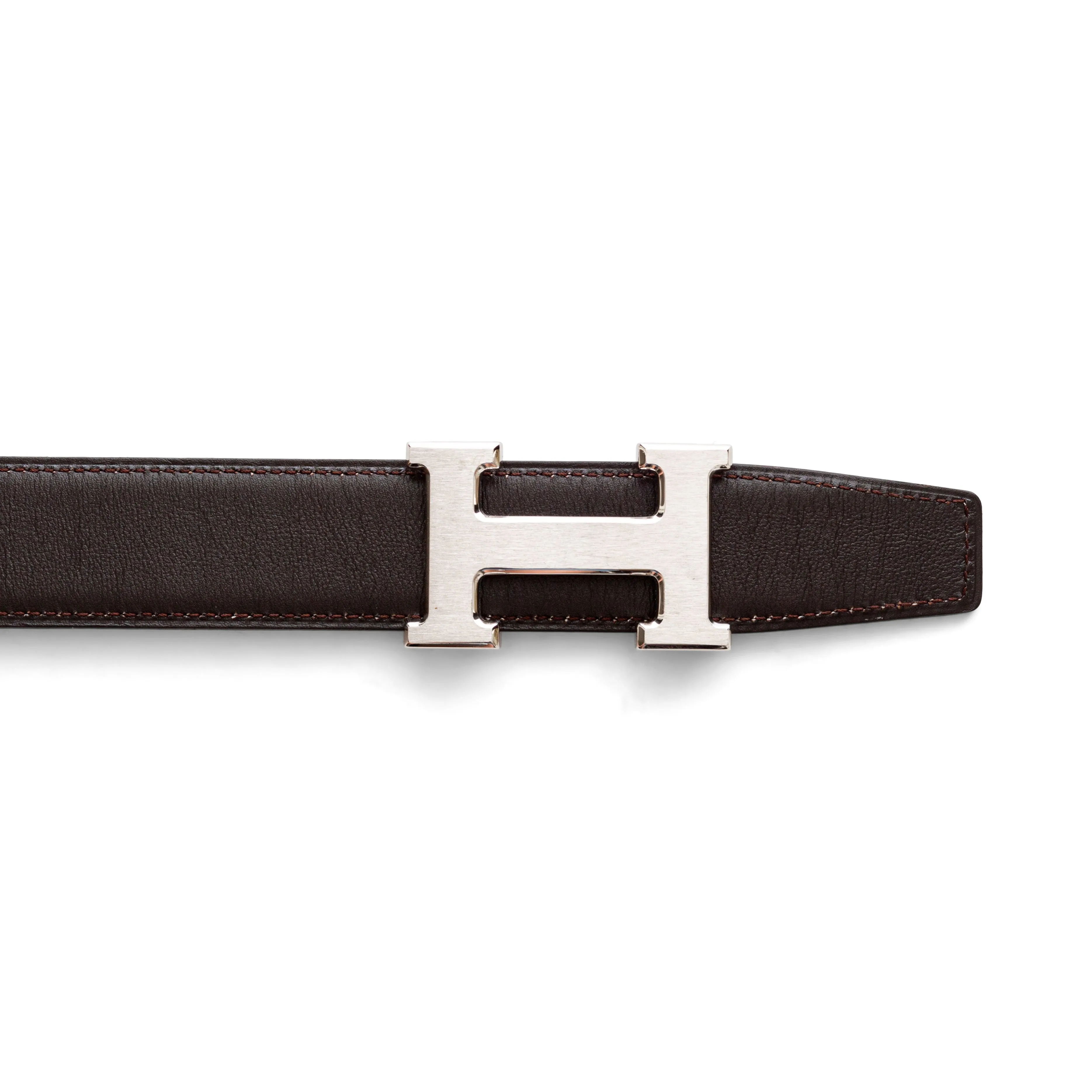 Silver-Tone H Belt Buckle and Reversible Black and Brown Leather Strap 85cm