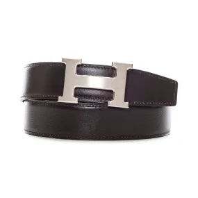 Silver-Tone H Belt Buckle and Reversible Black and Brown Leather Strap 85cm