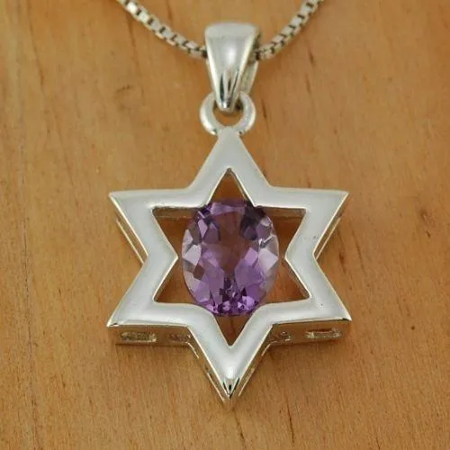 Star of David ( Magen David ) Pendant Purple Crystal Gemstone Silver 925.