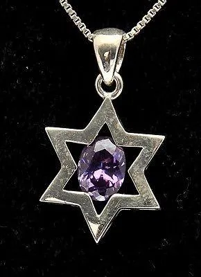 Star of David ( Magen David ) Pendant Purple Crystal Gemstone Silver 925.