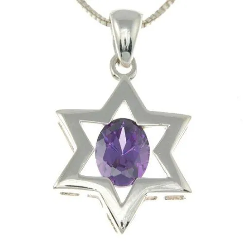 Star of David ( Magen David ) Pendant Purple Crystal Gemstone Silver 925.