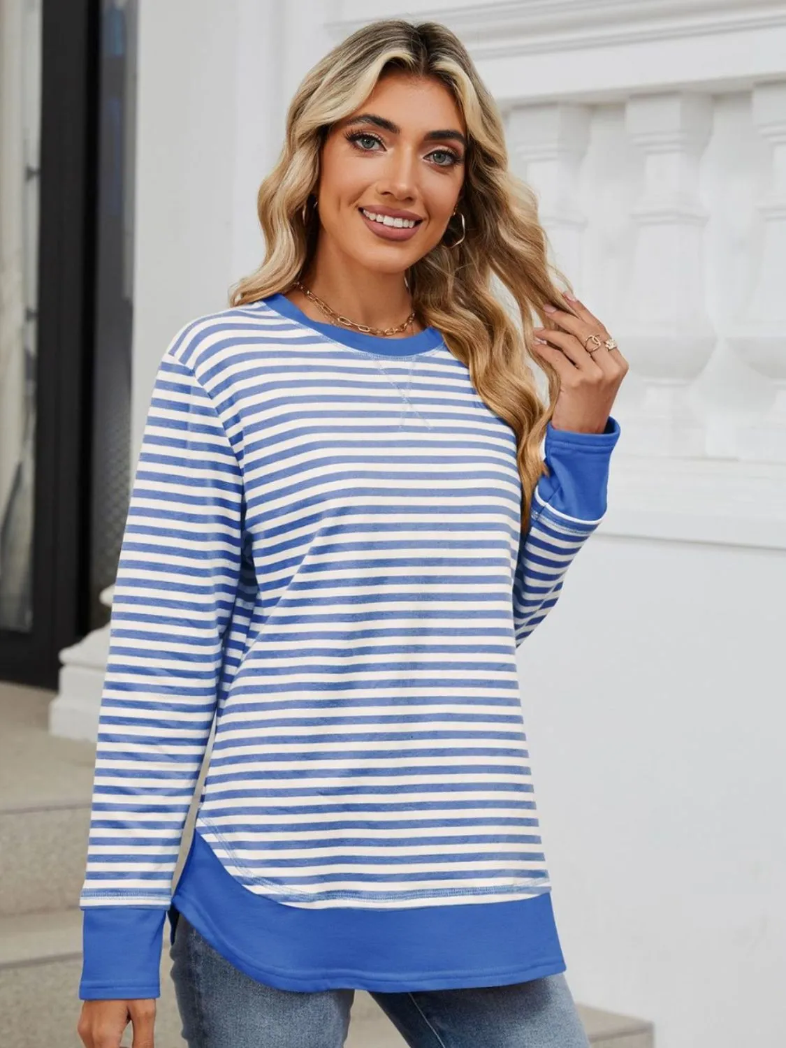 Striped Round Neck Long Sleeve Sweatshirt