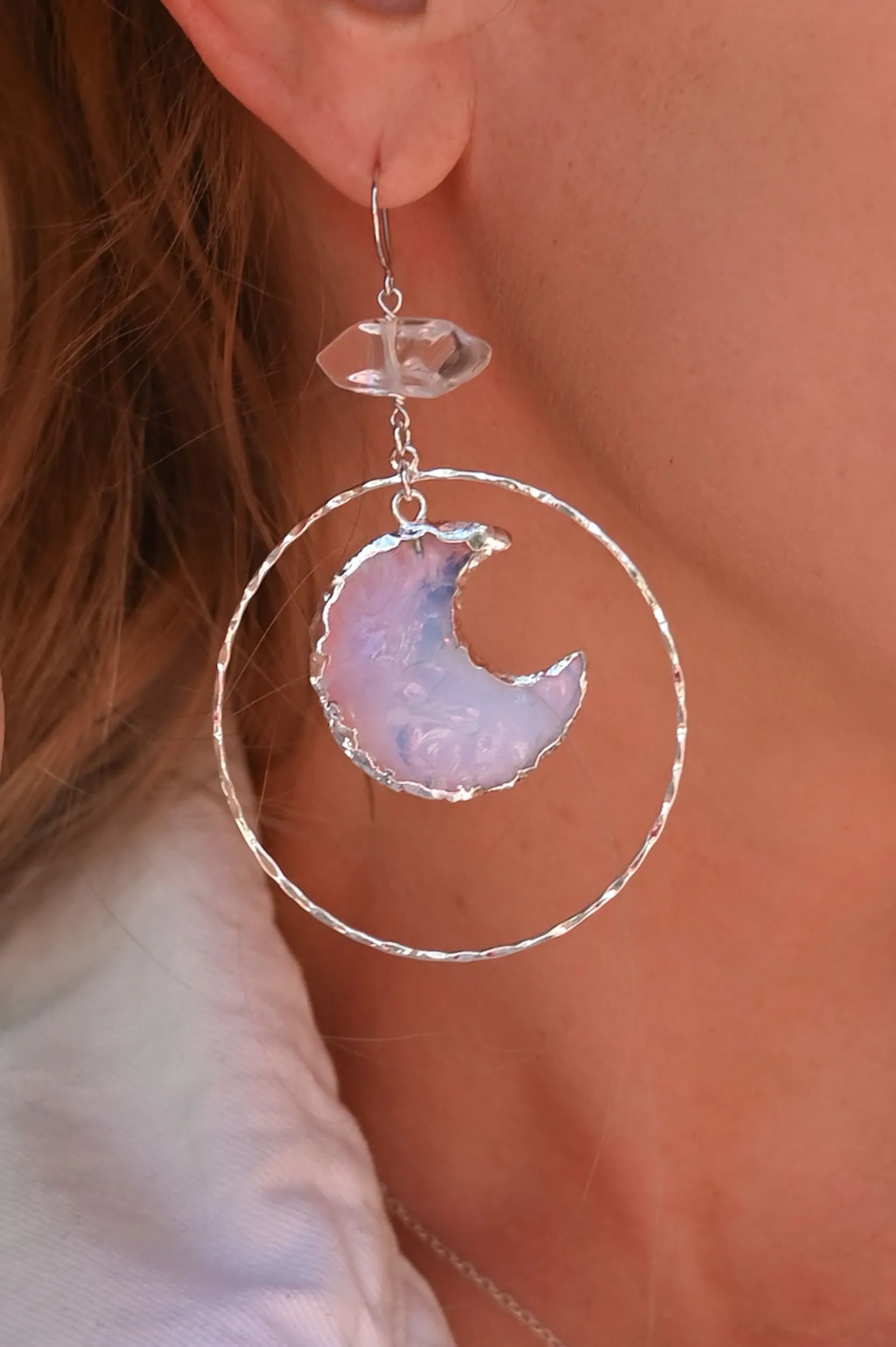 To The Moon Opalite & Quartz Silver Earrings