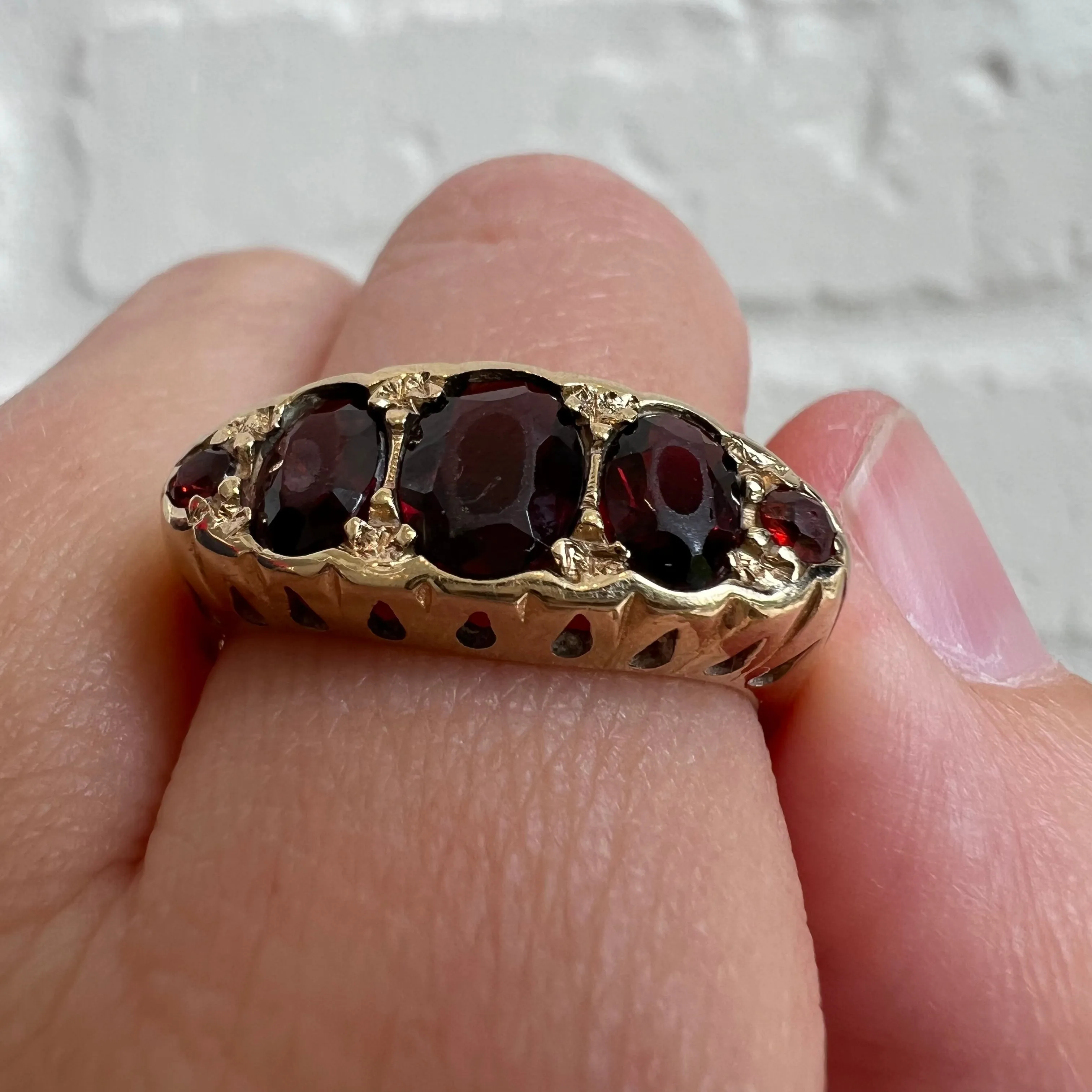 V I N T A G E // burgundy bliss / 9k and garnet 5 stone boat ring / victorian style / size 9.25