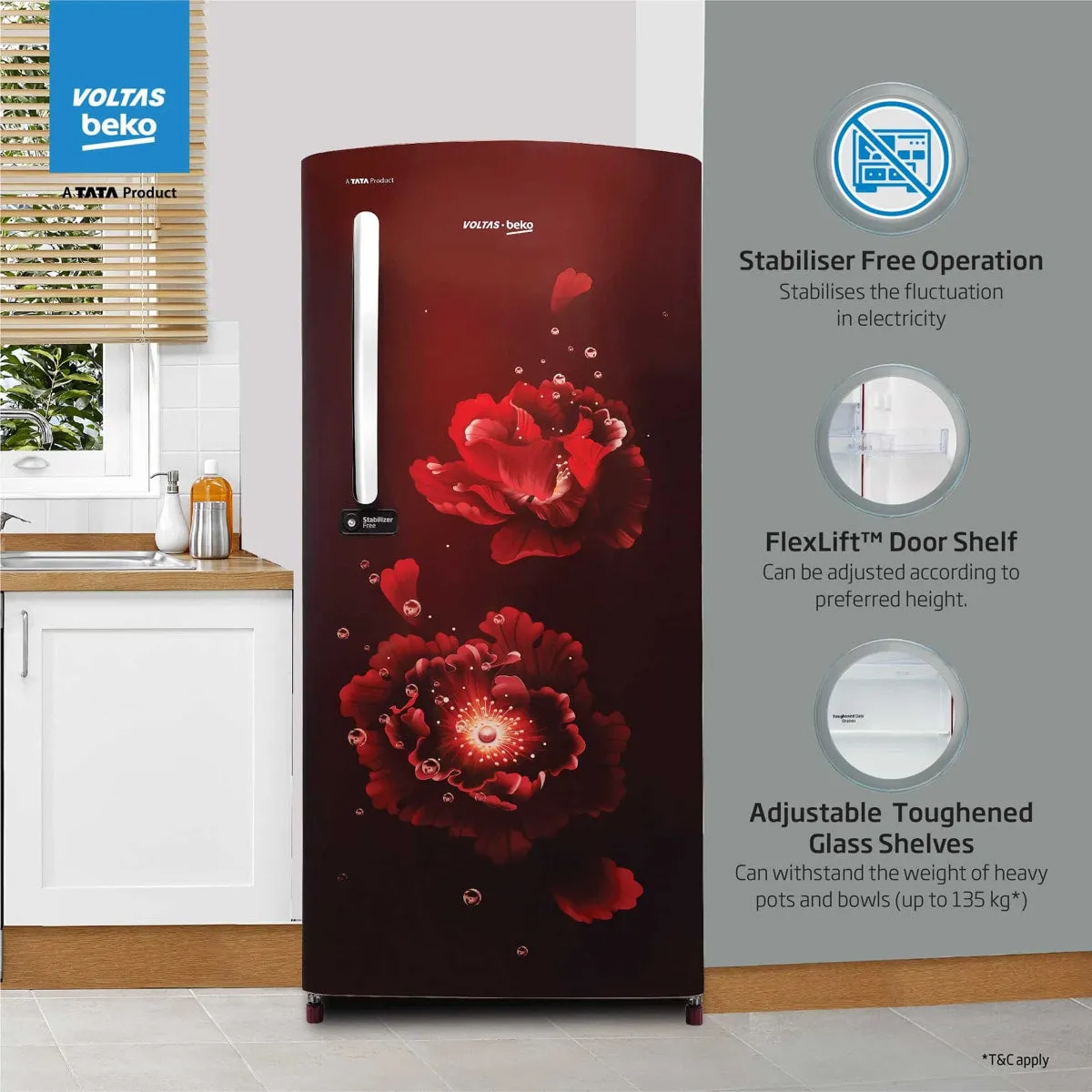 Voltas Beko 185 L, 4 Star, Single Door DC Refrigerator (Fairy Flower Wine)